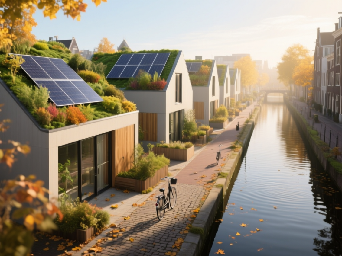 eco-neighborhood illustration of Amsterdam's eco-neighborhood with green rooftops, solar panels, and bike-friendly streets