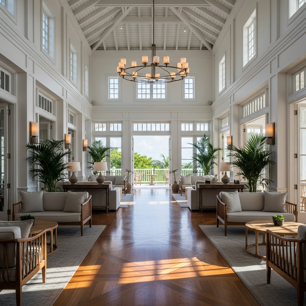 colonial architecture Interior of a luxurious Caribbean resort with hints of colonial architecture integrated into modern design.