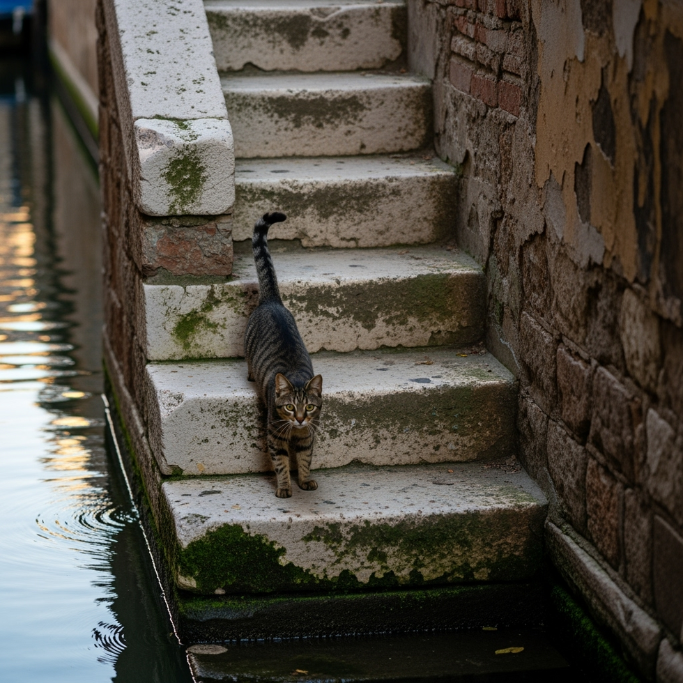 cat staircase Close-up of a tiny staircase next to a canal with a cat climbing out