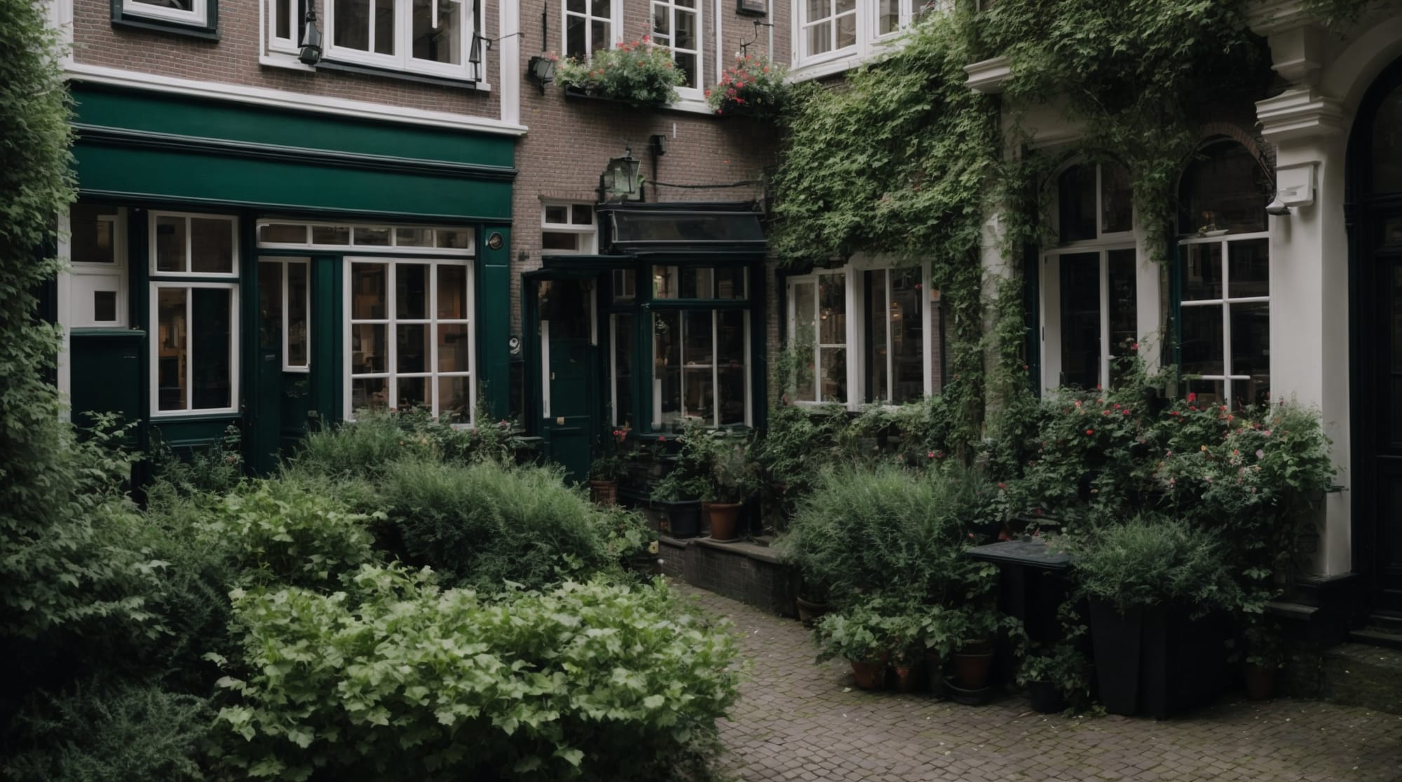 Amsterdam hidden gems A hidden courtyard in Amsterdam, surrounded by historic buildings and lush greenery.