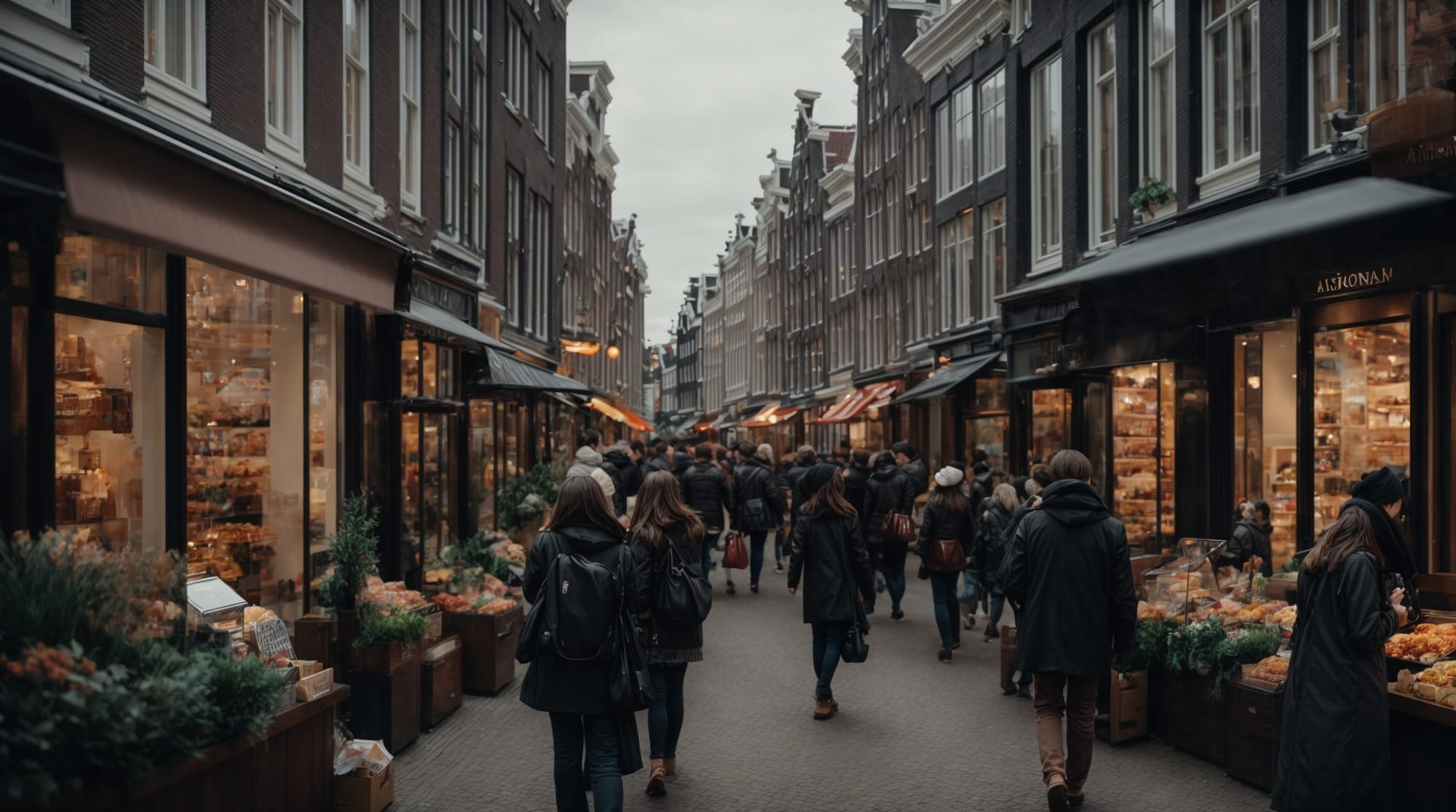 Amsterdam shopping View of bustling streets in the shopping district of Amsterdam, with people browsing stores.