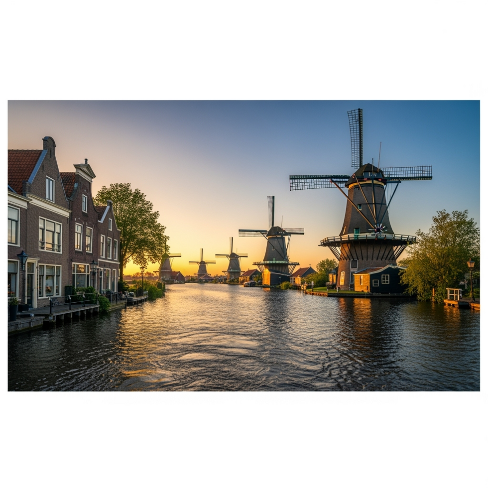 Amsterdam windmills A panoramic view of historic windmills along a canal in Amsterdam at sunset, showcasing their classic Dutch architectural features and the vibrant sky.