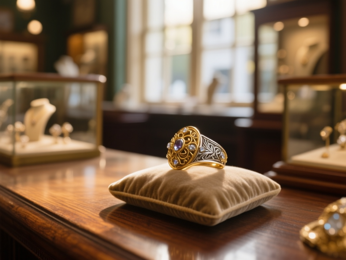 close-up of a vintage jewelry display inside Smith Son Jewelers, highlighting craftsmanship