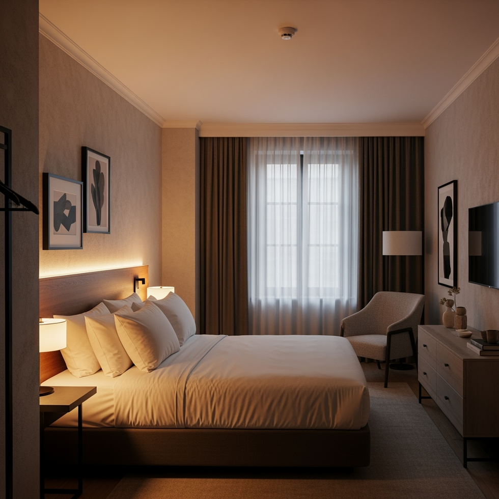 hotel interiors interior of a boutique hotel room with artistic decor and ambient lighting