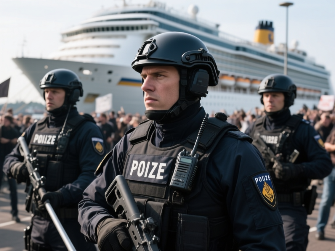 Amsterdam port security Close-up of police officers managing a protest at an Amsterdam port with cruise ships nearby, illustrating security measures in action.