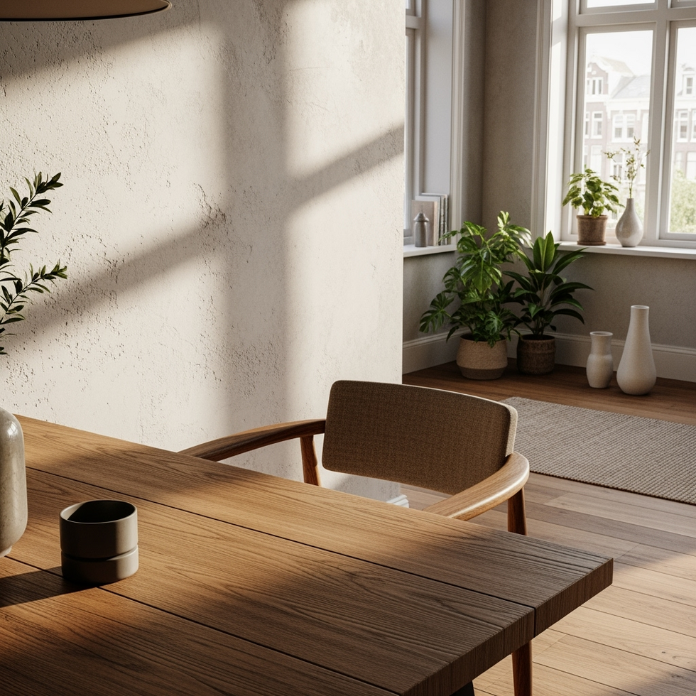 sustainable materials interior detail of natural wood and textured materials in an Amsterdam apartment