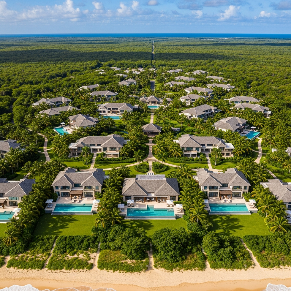 Caribbean luxury resorts An aerial view of a rebranded Caribbean plantation turned luxury resort, showcasing lush greenery and upscale villas.