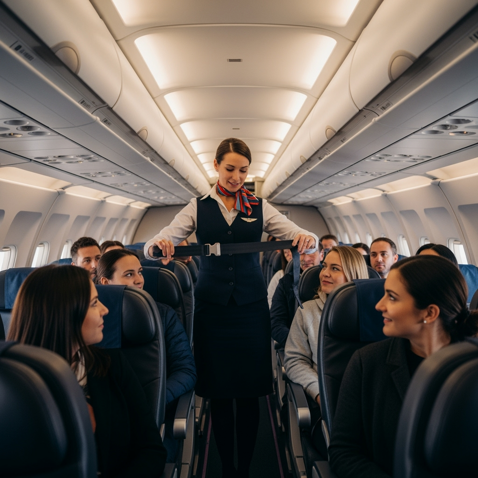 flight safety measures Photo of a flight attendant demonstrating seat belt safety measures to passengers inside an aircraft cabin.