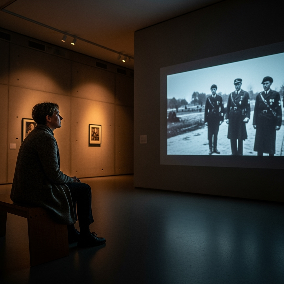 Art exhibition Nazi history An artistic photo of a contemplative viewer sitting in front of a massive projection of Nazi-era footage in a dim gallery space in Amsterdam