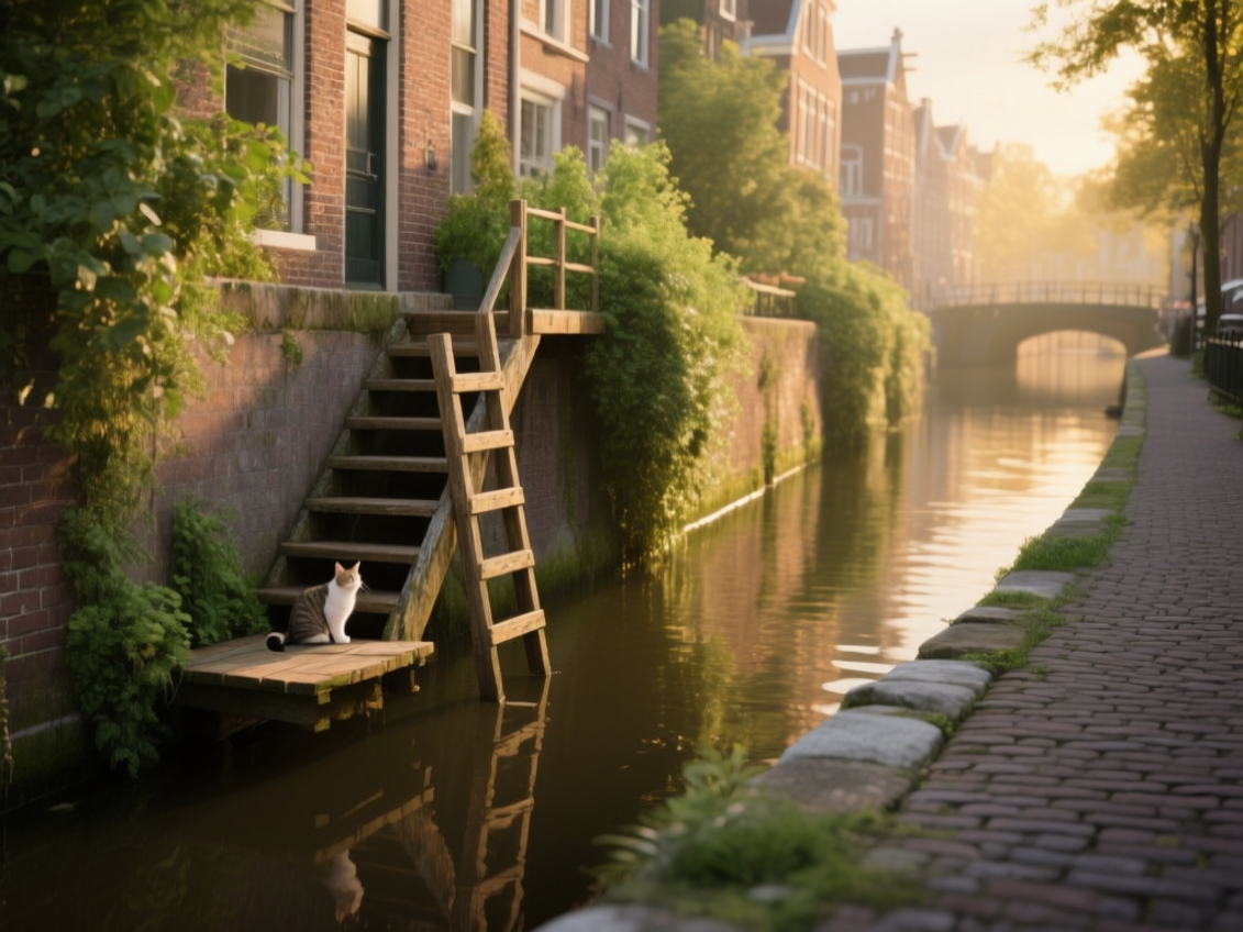 canal tiny staircase An artistic rendering of a tiny staircase installed along a canal in Amsterdam to help cats escape.
