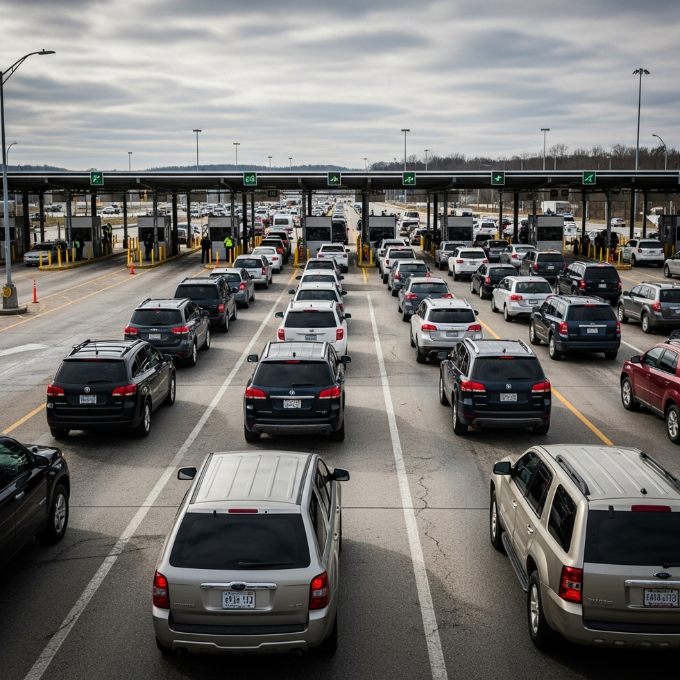 border crossing A busy US-Canada border crossing with vehicles waiting in line under cloudy sky