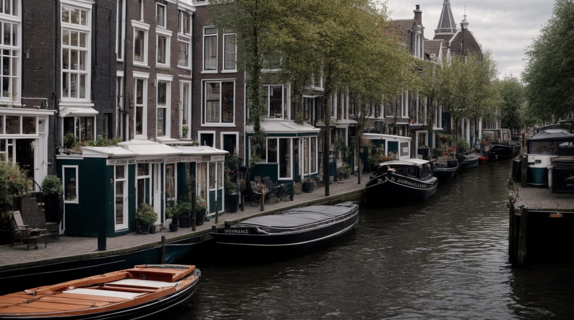 Picturesque view of narrow lanes and traditional houseboats in Jordaan