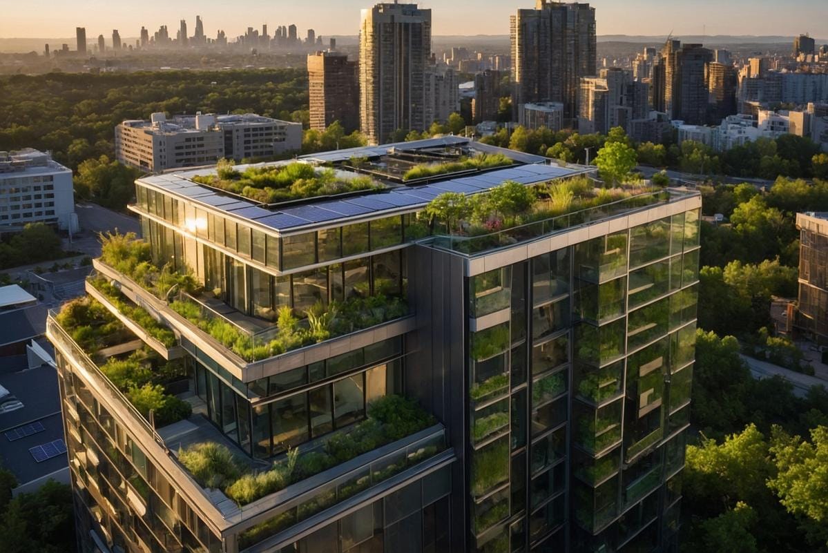 green energy infrastructure a bustling cityscape with solar-powered buildings and green energy infrastructure