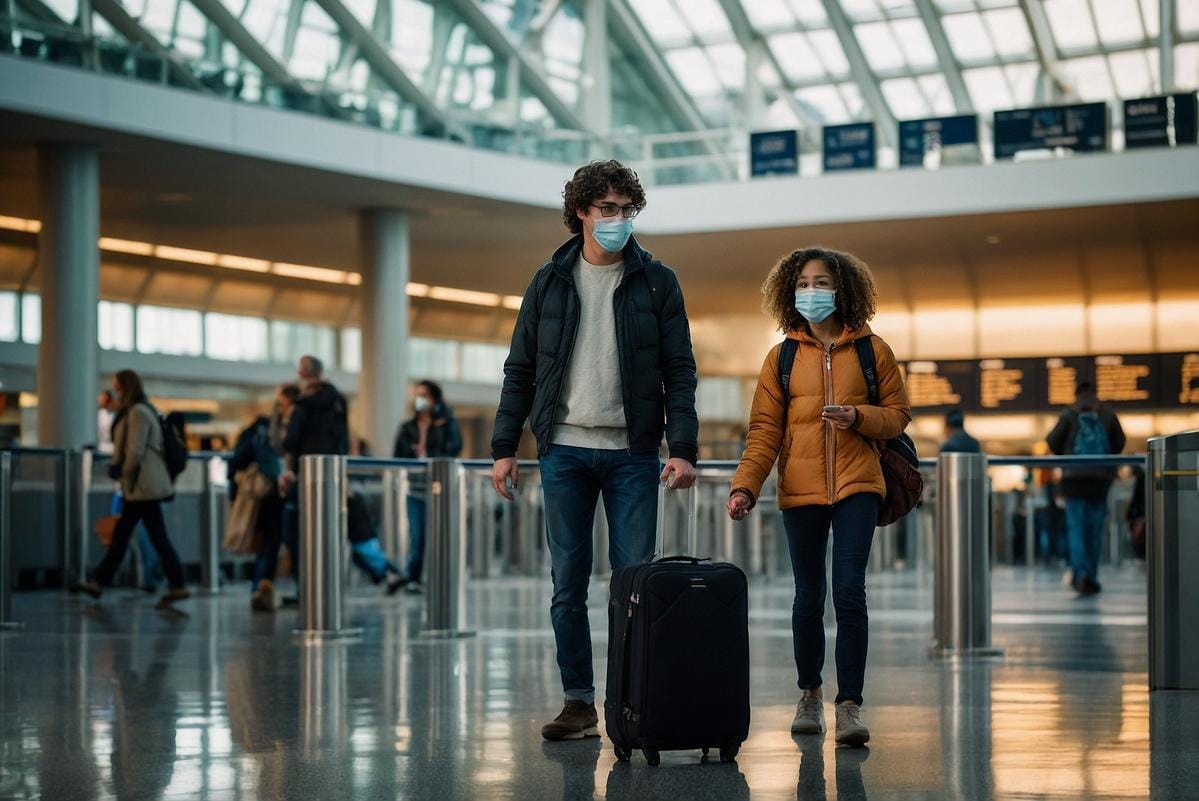 travel safety precautions A family wearing masks at an airport terminal, exemplifying travel safety precautions