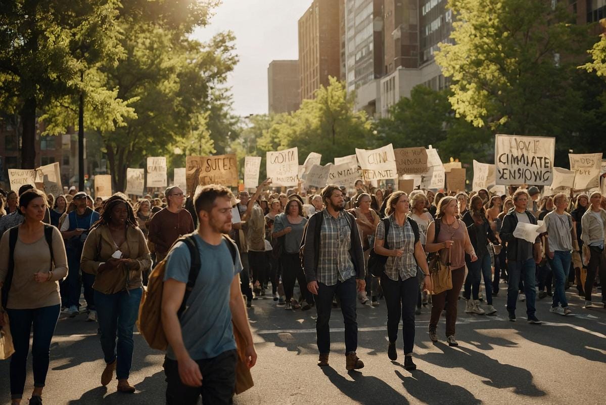 climate change A climate change protest with banners demanding climate action and sustainable policies