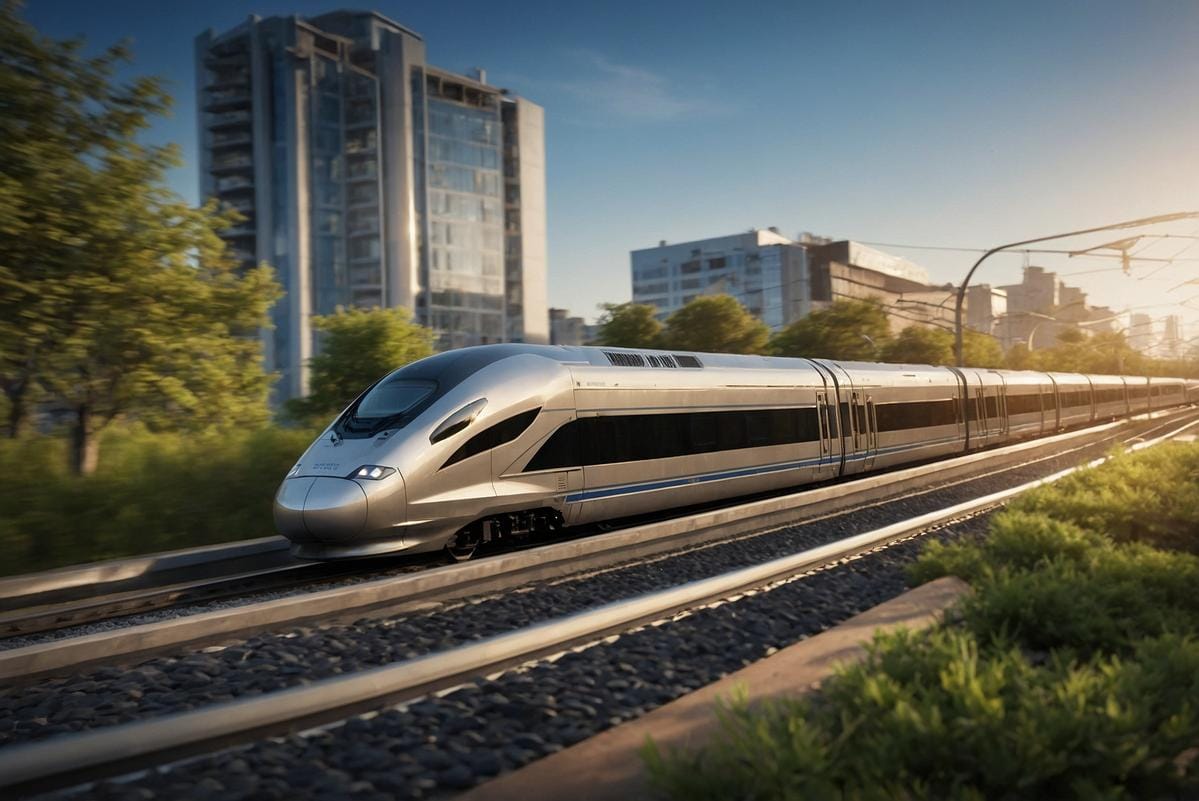 sustainable development A comparison infographic showing traditional transportation versus sustainable alternatives like high-speed trains