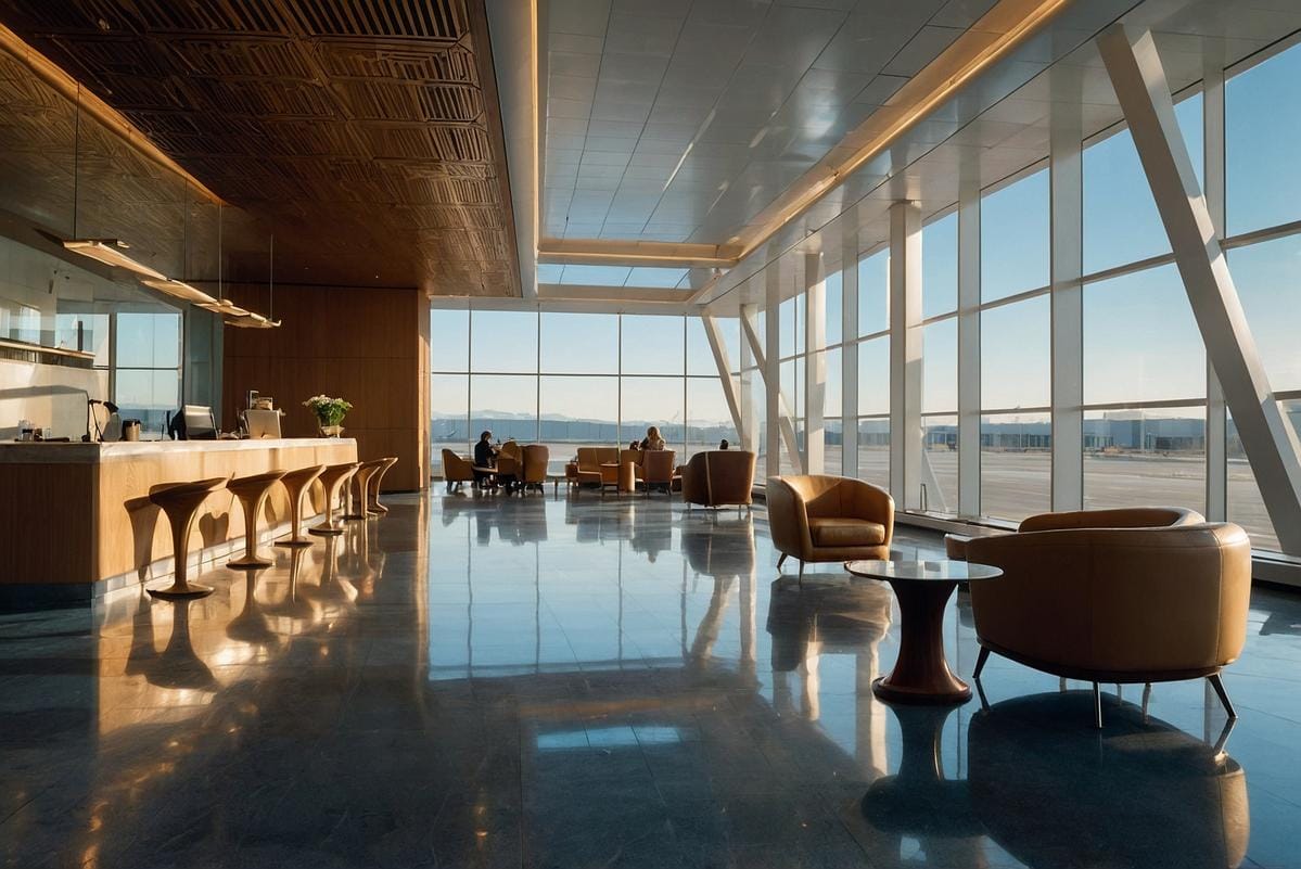 AI travel industry a modern airport lounge with digital screens displaying AI-powered travel data