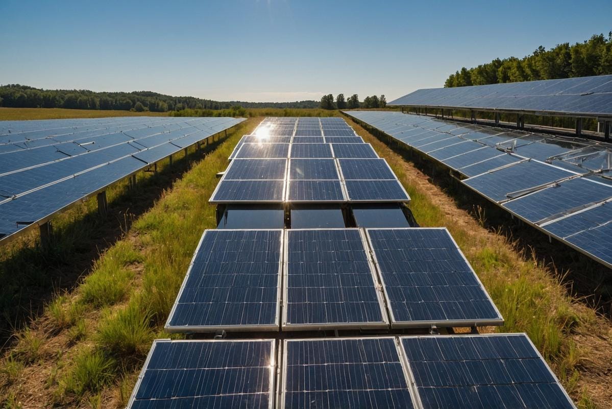 A sprawling solar farm with rows of shimmering panels under a clear blue sky, symbolizing the global shift to solar power growth.