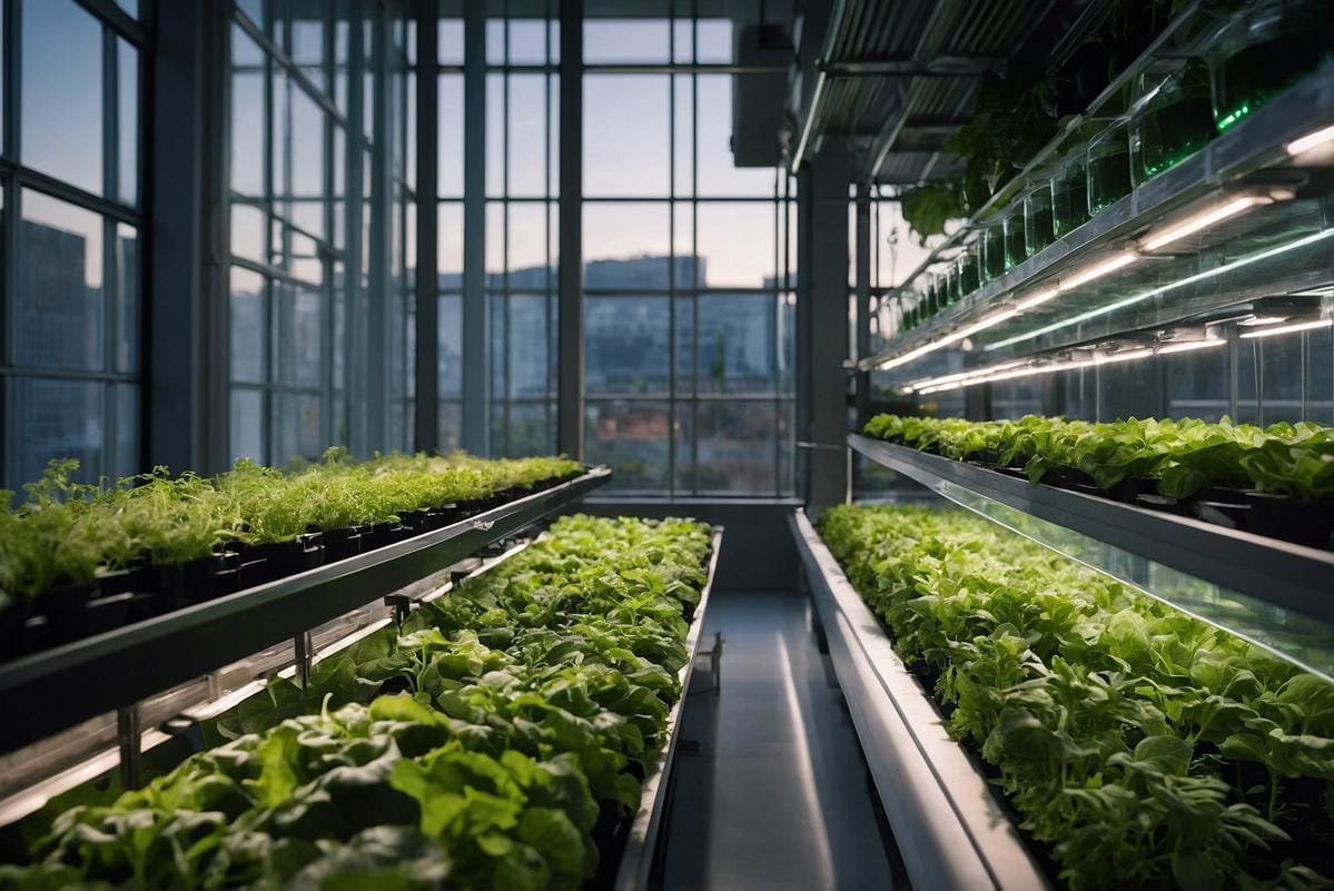 vertical farming A high-tech vertical farm inside a city building with integrated sensors and automated systems