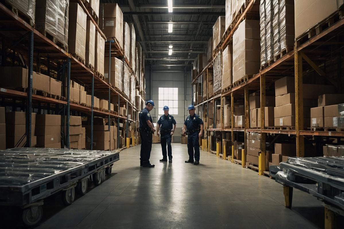 package theft investigation Law enforcement officers inspecting packages in a warehouse setting