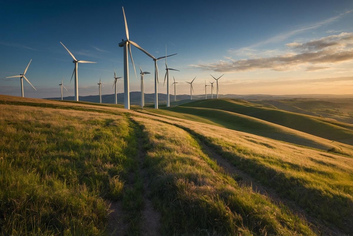 wind power an expansive wind farm stretching across a scenic landscape with turbines turning in the breeze