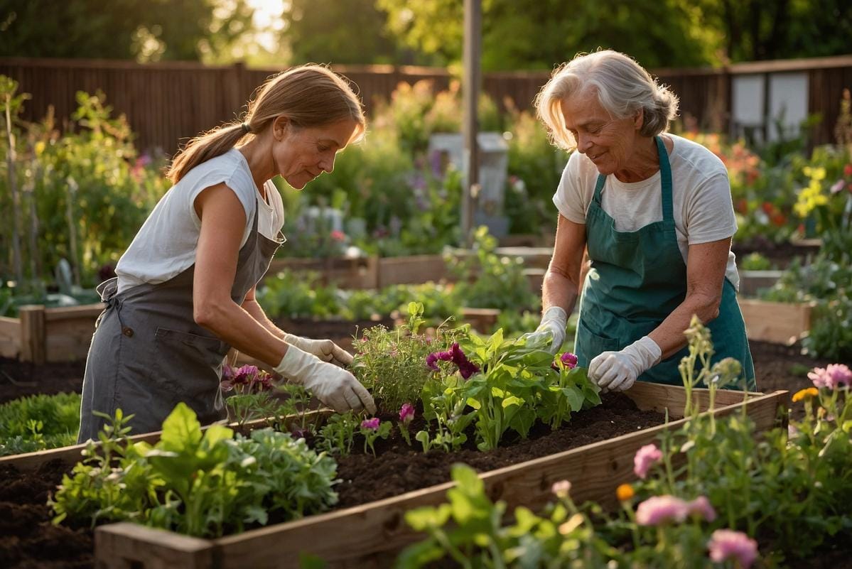 community gardens A community garden with diverse plots, residents working together, and children learning about planting