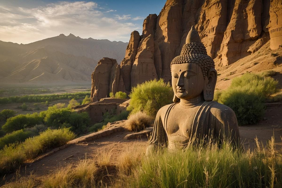 A young traveler captures footage of the ancient Buddhas of Bamyan, surrounded by picturesque landscapes, illustrating Afghanistan’s archaeological treasures.