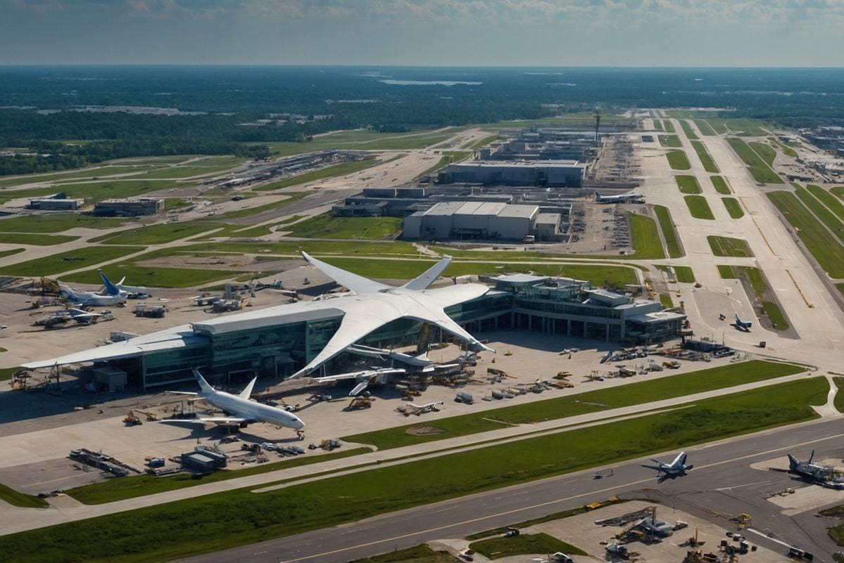 airport expansion Aerial view of a busy airport with ongoing construction for expansion, surrounded by green landscapes and urban areas