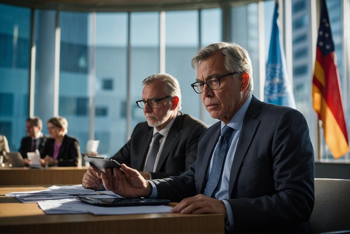international collaboration diplomats and environmental experts participating in a UN climate summit with flags and charts in the background