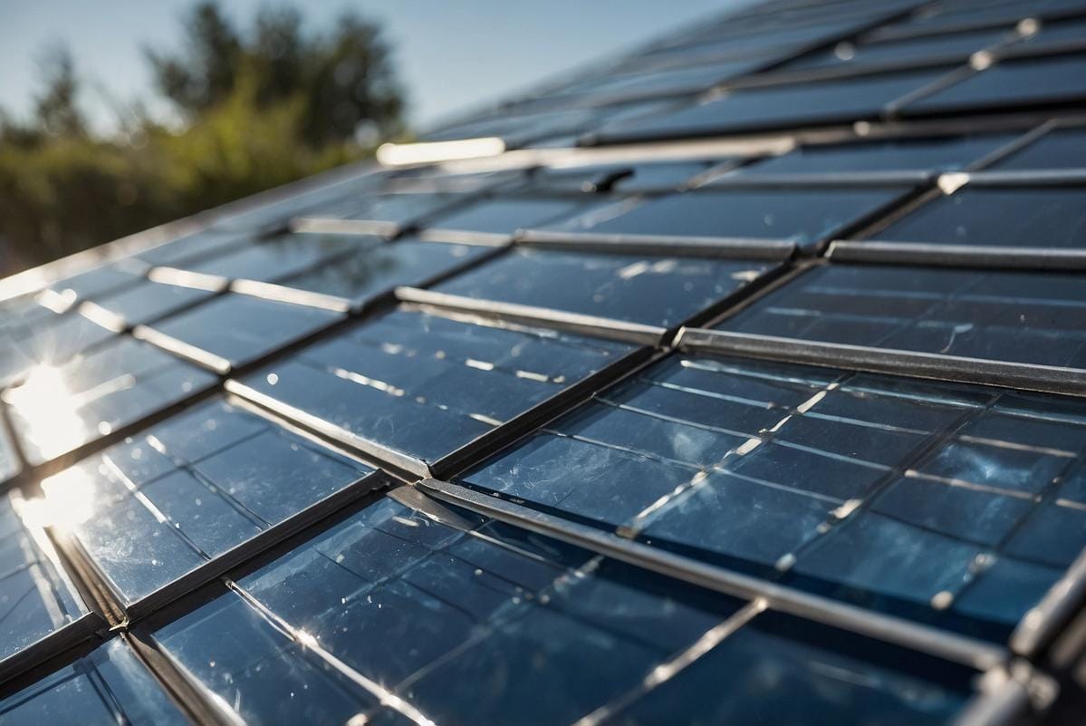 solar energy close-up of a modern solar panel installation with bright sunlight reflecting off the panels