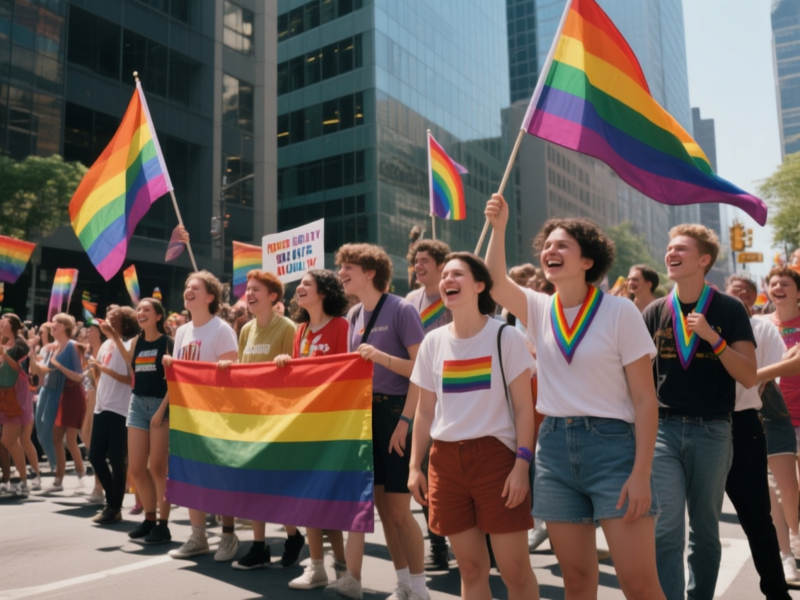 LGBTQ+ activism A group of activists holding banners and flags during the Pride parade, advocating for LGBTQ+ rights and equality.
