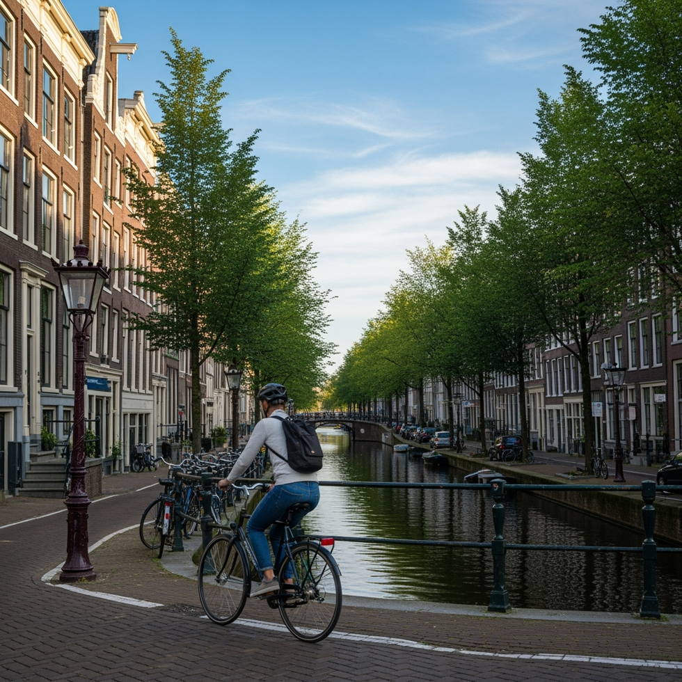 Amsterdam travel tips a cyclist riding along a canal-lined street in Amsterdam during daylight