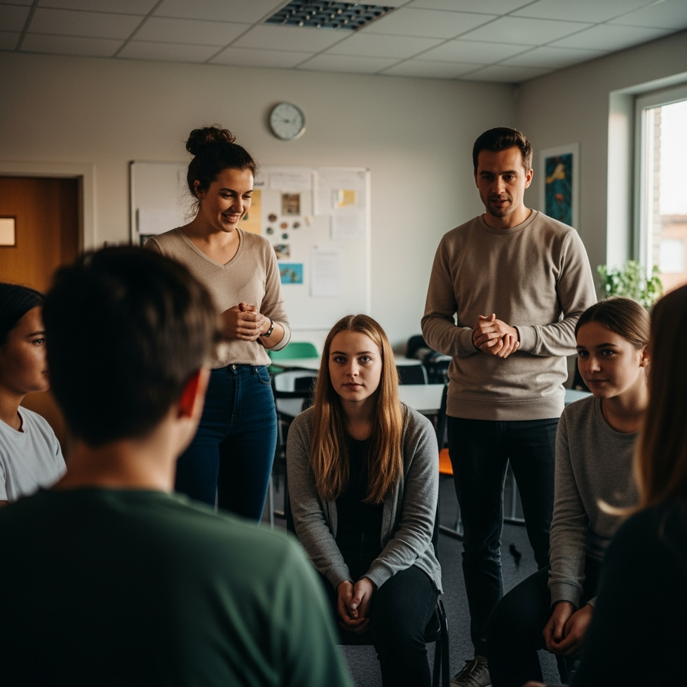 youth outreach A youth outreach team speaking to a group of teenagers in a community center