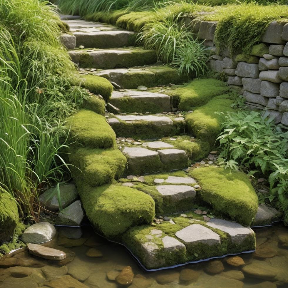 small animal passage Close-up of a tiny staircase along a canal edge designed for small animal passage, surrounded by water and greenery