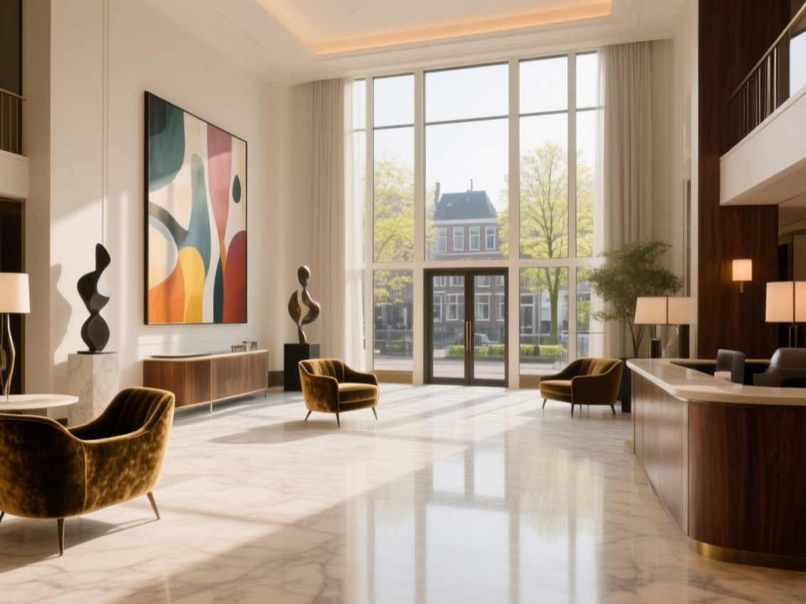 luxurious hotel lobby Interior shot of the Amsterdam Hotel's luxurious lobby with modern furnishings and artistic decor
