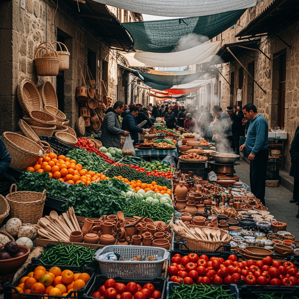 local markets A lively street market with local artisans selling crafts, colorful produce, and traditional foods, bustling with locals