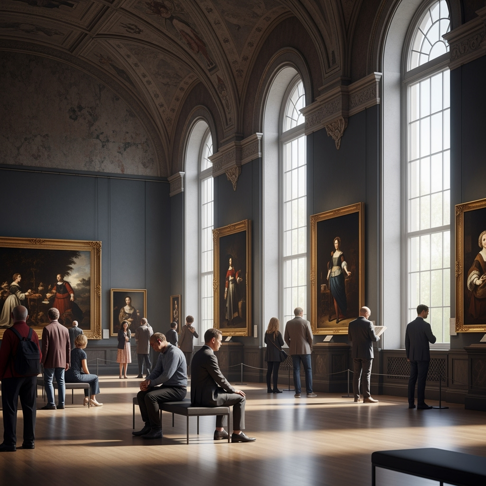 Dutch art museum A busy scene inside the Rijksmuseum with visitors admiring Dutch masterpieces and artworks from the Golden Age