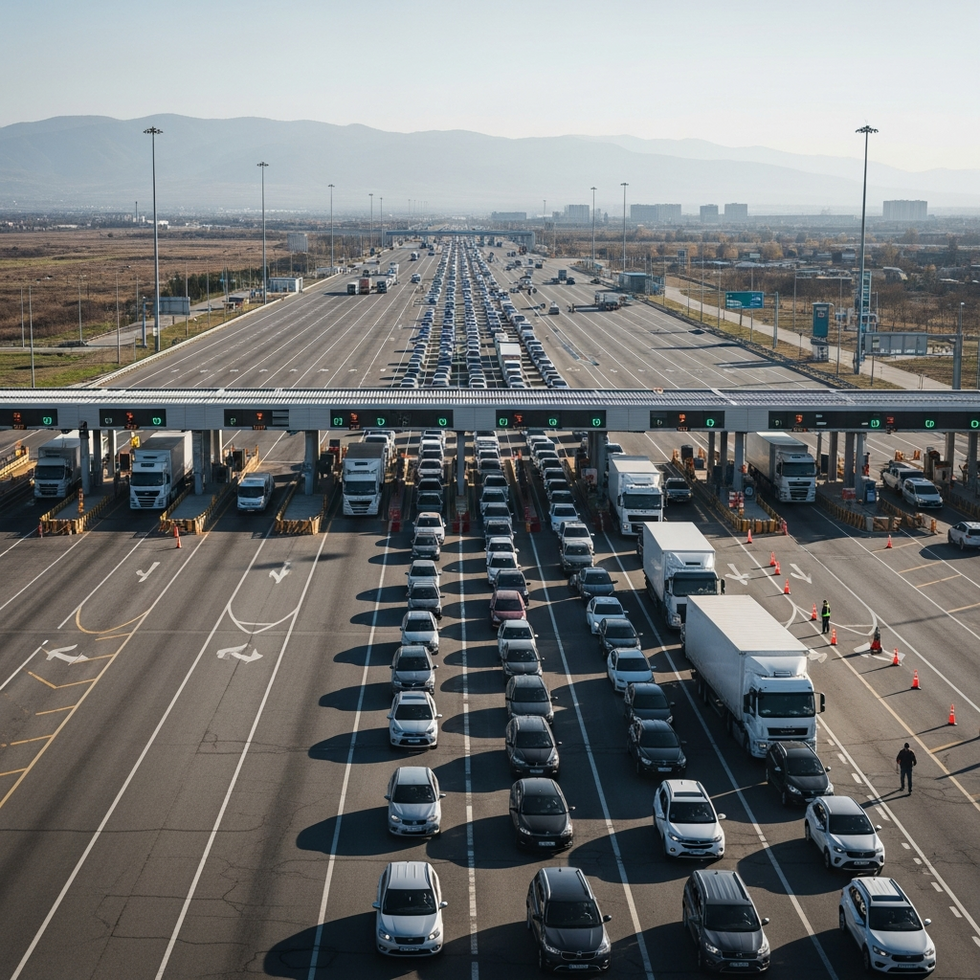 trade decline An infographic showing declining cross-border trade volumes and border crossing delays