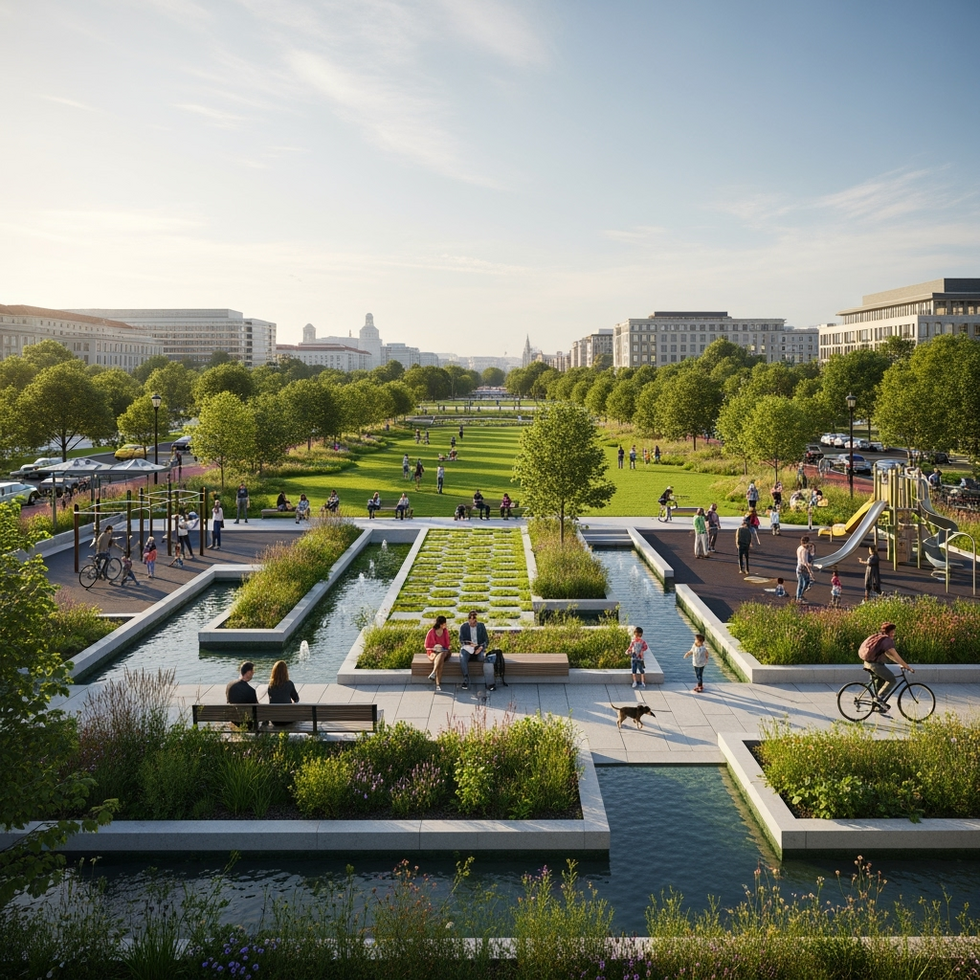 green infrastructure An urban park in Washington DC featuring sustainable green infrastructure inspired by European models, filled with community activities