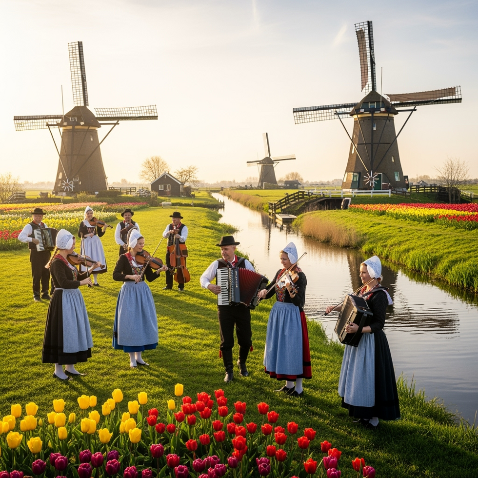Dutch festivals in Amsterdam A picturesque scene of a traditional Dutch festival in Amsterdam featuring people in traditional costumes, windmills in the background, and vibrant celebrations