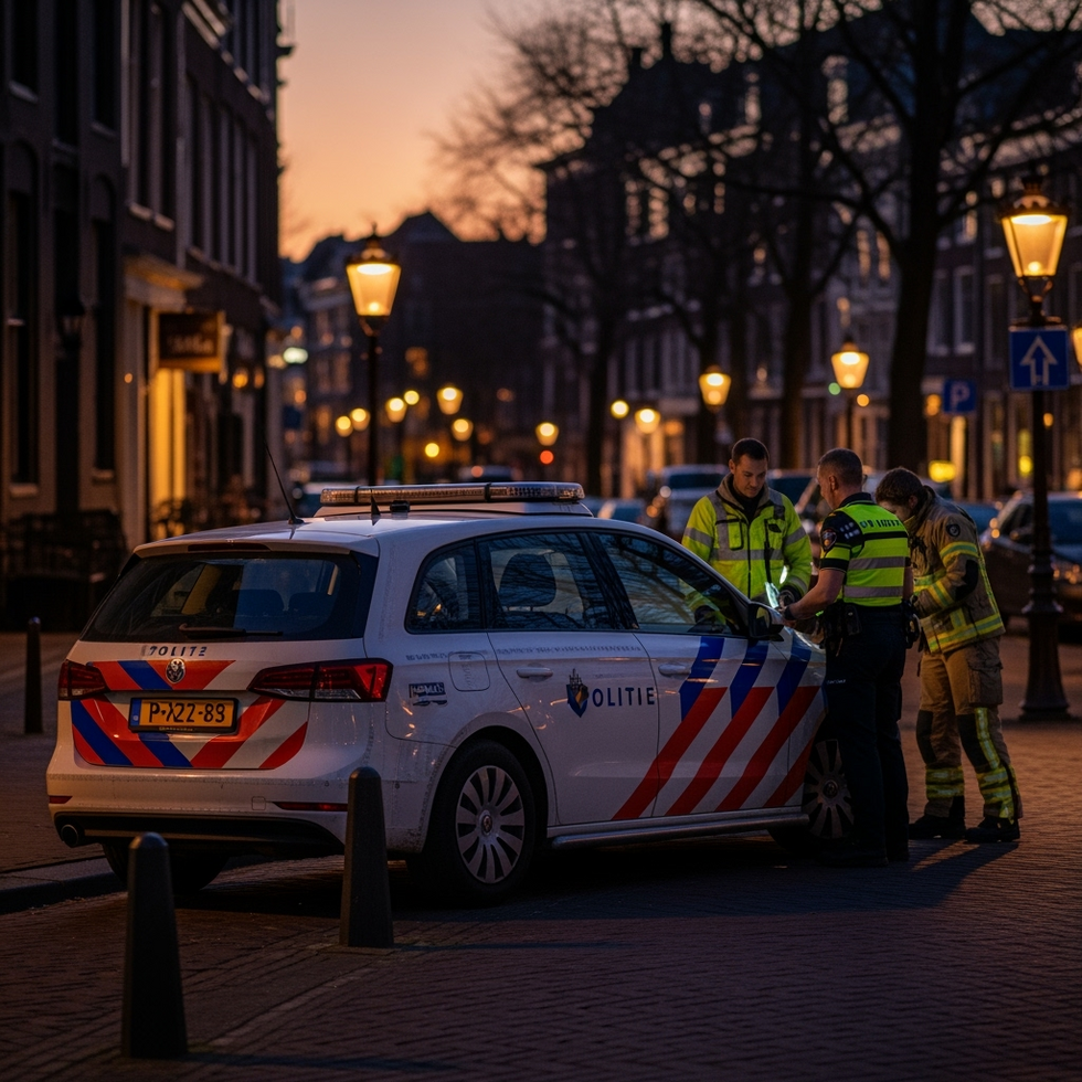 police response An image of a police car and emergency responders at dusk near Amsterdam