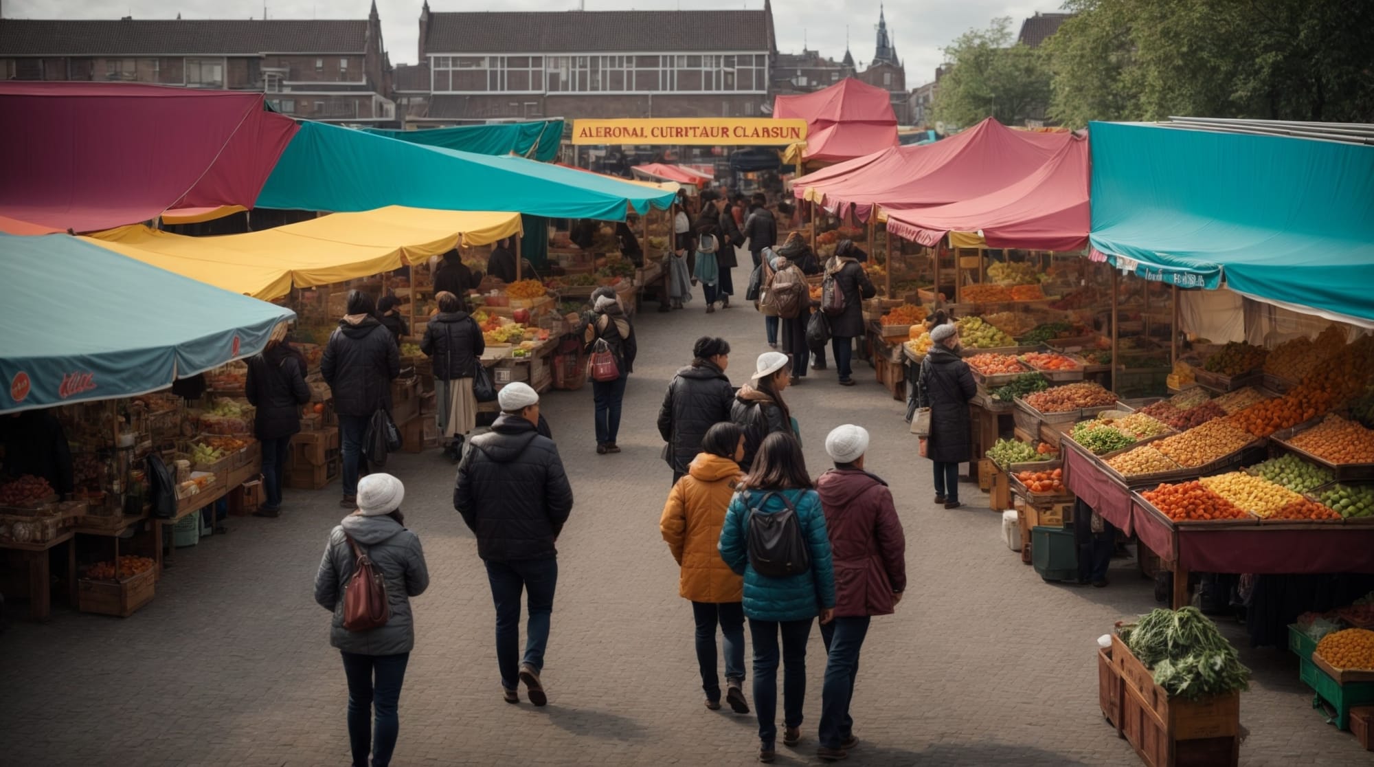 Shoppers exploring the colorful stalls of Albert Cuyp Market
