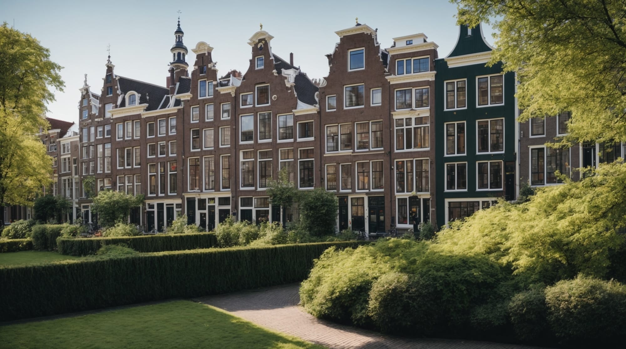 Amsterdam A panoramic view of Begijnhof's lush green courtyard and traditional architecture under a clear blue sky.