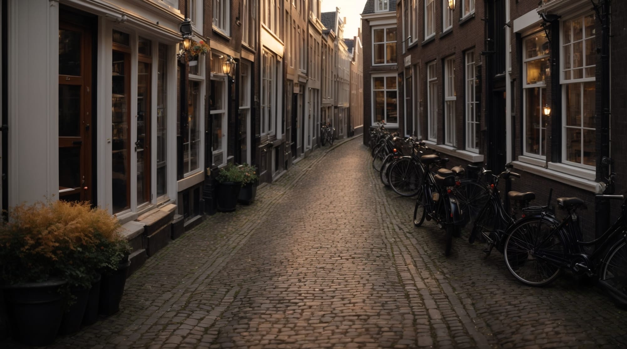Amsterdam alleys A narrow alley in Amsterdam, with cobblestone paths and historical buildings on both sides, bathed in the golden light of the setting sun.