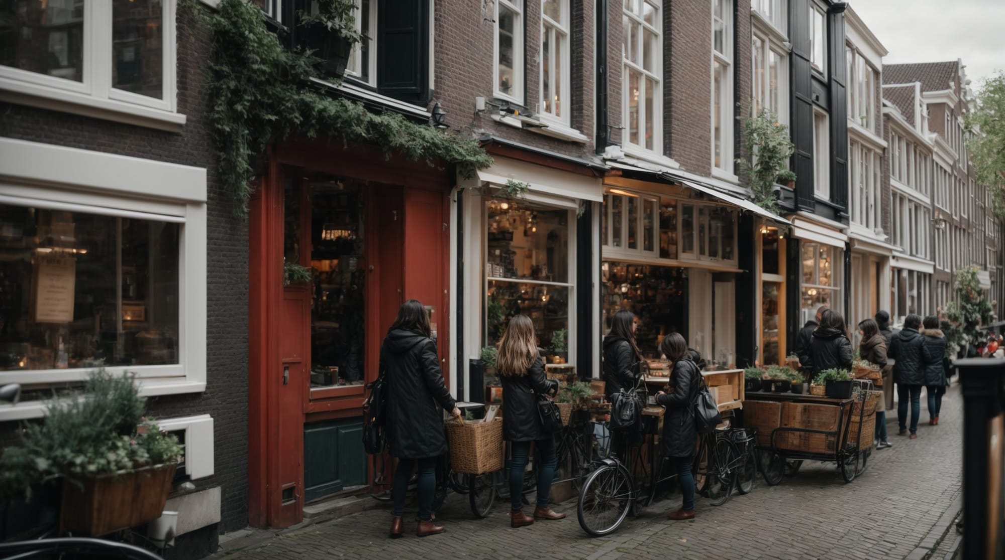 Amsterdam alleys Visitors exploring the hidden alleys of Amsterdam, discovering unique shops and local artisan products.