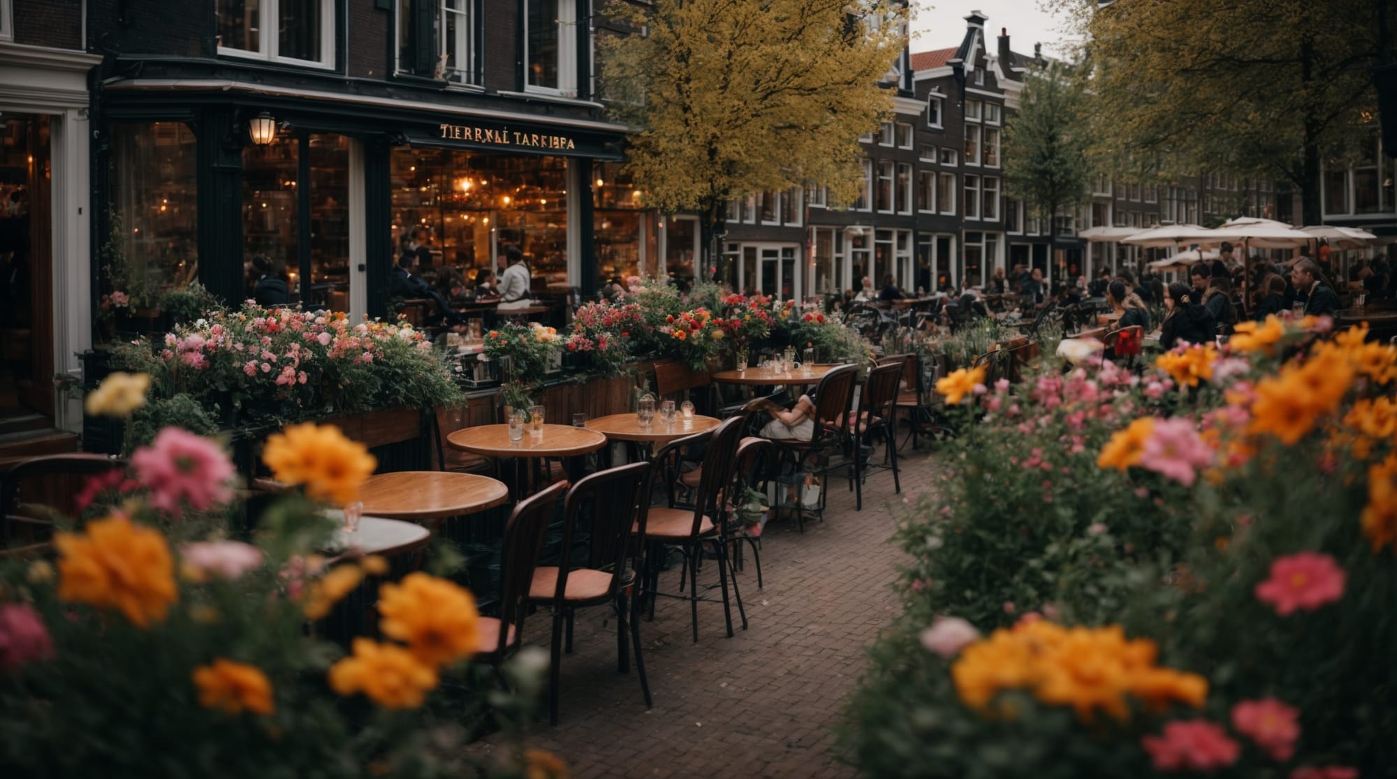 Amsterdam cafes cozy cafe terrace by the canal in Amsterdam, filled with people and surrounded by colorful flowers