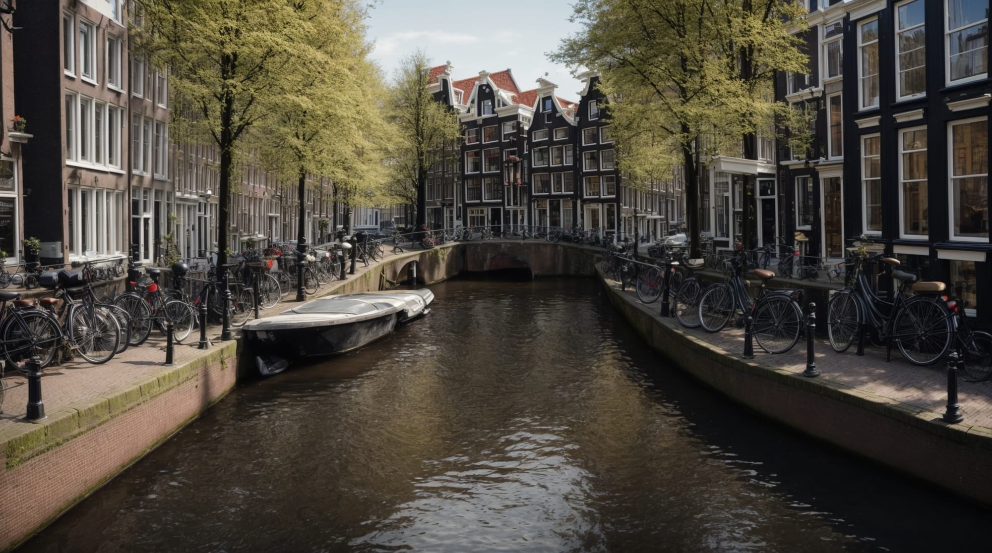a scenic view of Amsterdam's canal with historical buildings on both sides during a sunny day