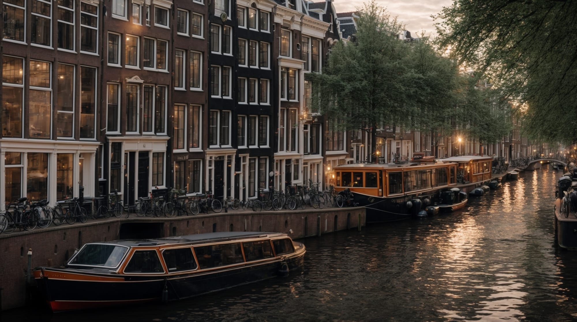 A serene morning along the canals of Amsterdam, showcasing the historic architecture and tranquil waterways.