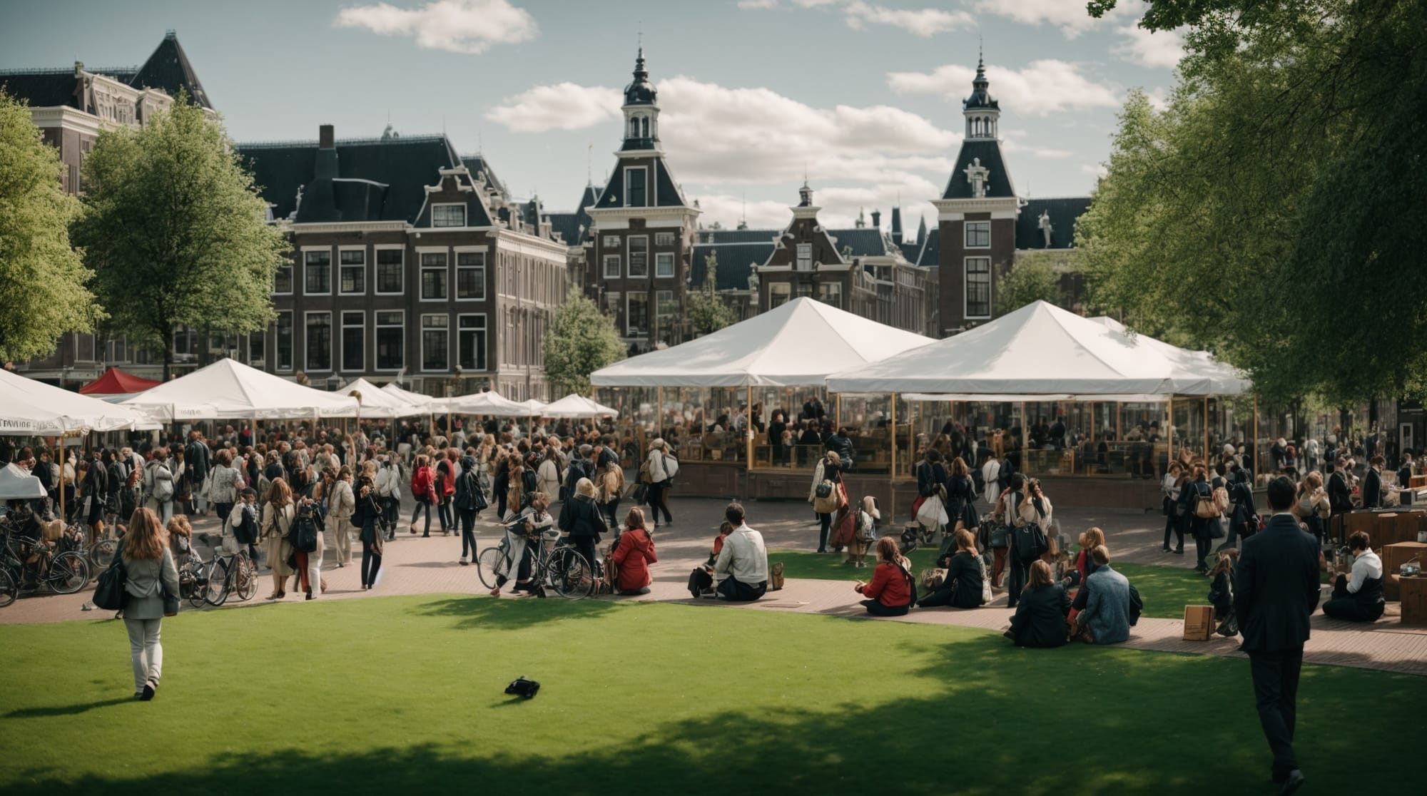 The vibrant Museumplein bustling with art lovers and dotted with iconic museums against a backdrop of green spaces.