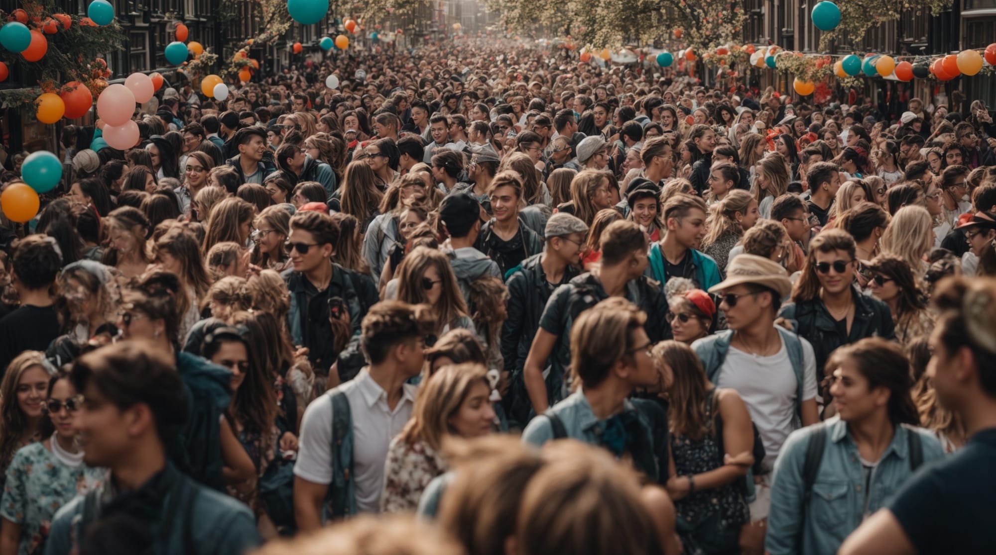 Amsterdam festivals crowds celebrating with vibrant decorations and performances at a festival in Amsterdam